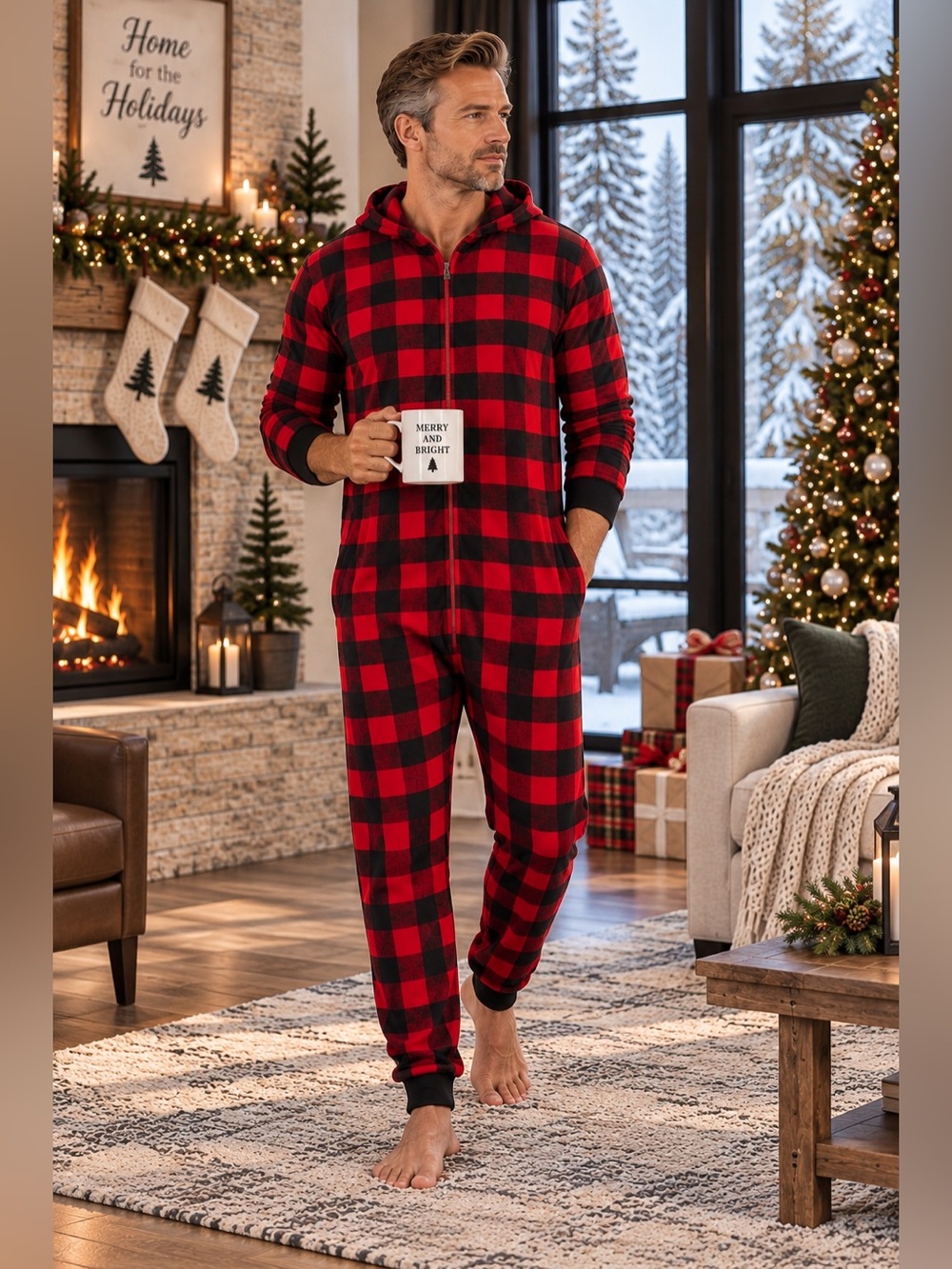 Men's Buffalo-Check Hooded Onesie Pajama Buffalo Plaid Onesie Size Medium